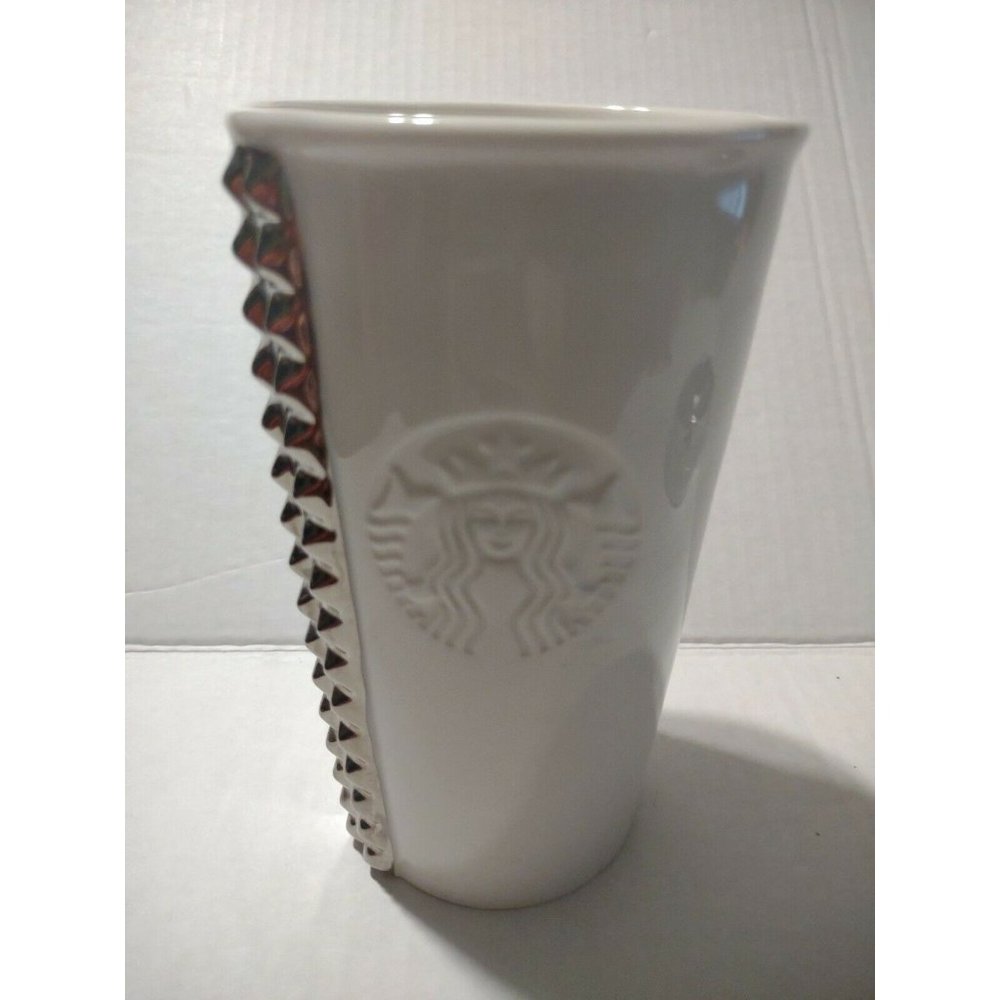 Starbucks 2014 White Ceramic Silver Studded Travel Tumbler Mug No Lid
